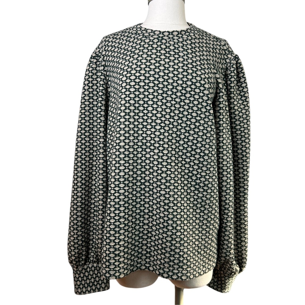 Maeve Anthropologie XL Puff Sleeve Textured Knit Sweater Green Cream Geometric